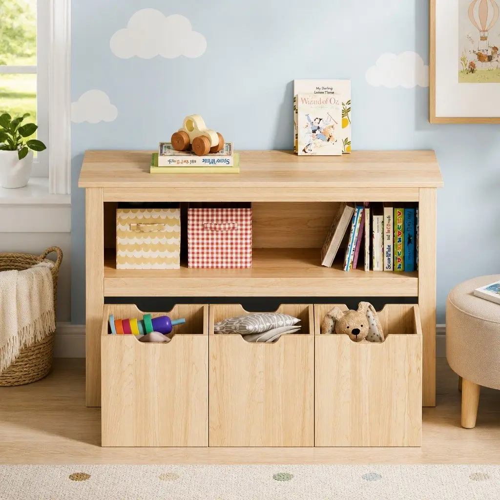 Kids Bookshelf for Bedroom Playroom 3 Drawer Wooden Bookcase Toy Organiser