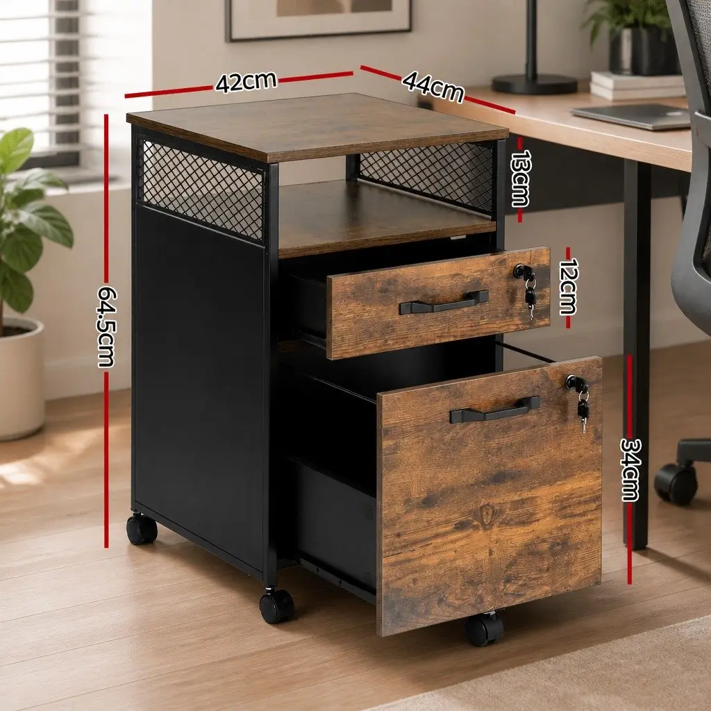 Office Filing Cabinet Natural Compact 2 Drawer Organiser with Lockable Wheels 42x44x64.5cm