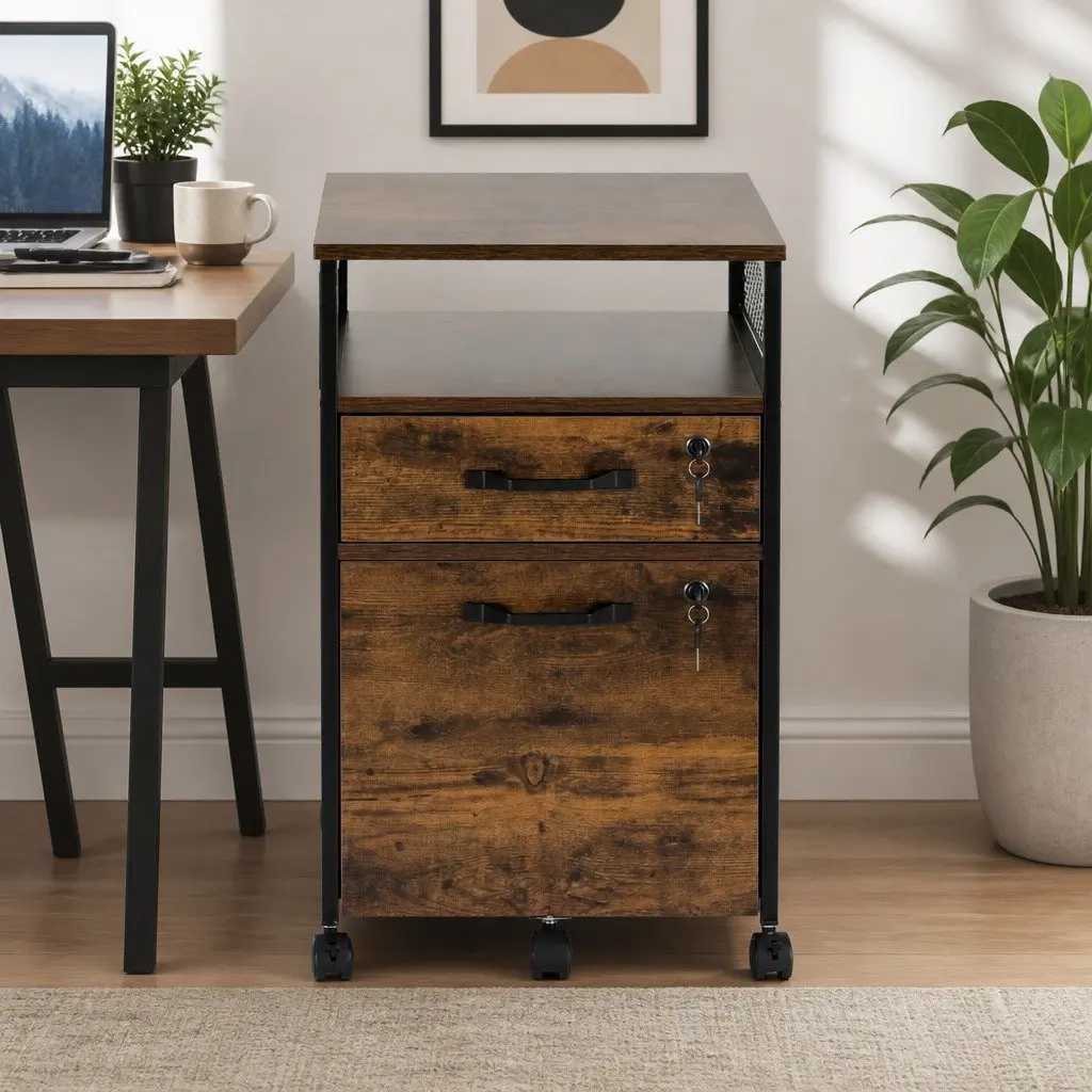 Office Filing Cabinet Natural Compact 2 Drawer Organiser with Lockable Wheels 42x44x64.5cm