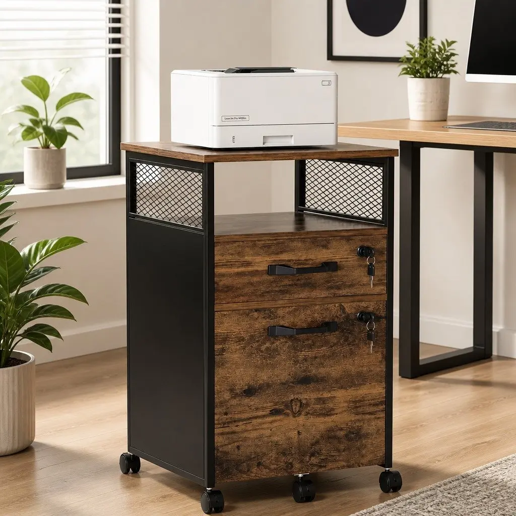 Office Filing Cabinet Natural Compact 2 Drawer Organiser with Lockable Wheels 42x44x64.5cm