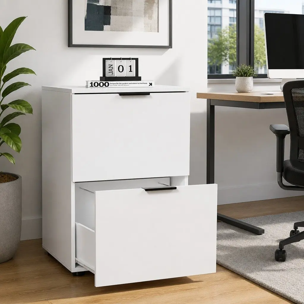 2 Drawer Filing Cabinet White Document Storage Office Organiser 47x41x72cm