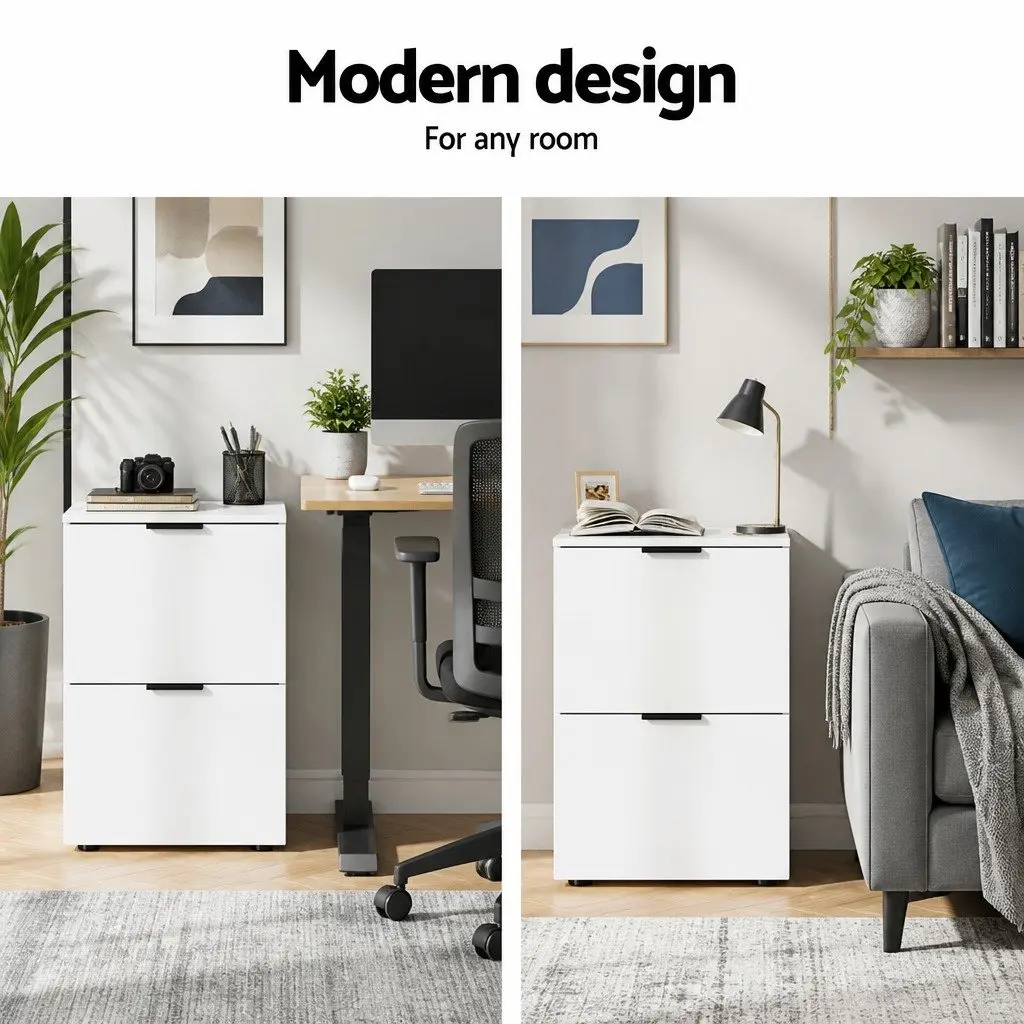2 Drawer Filing Cabinet White Document Storage Office Organiser 47x41x72cm