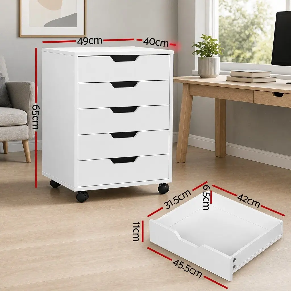 Mobile Filing Cabinet Rolling Storage Organizer 5 Drawer White