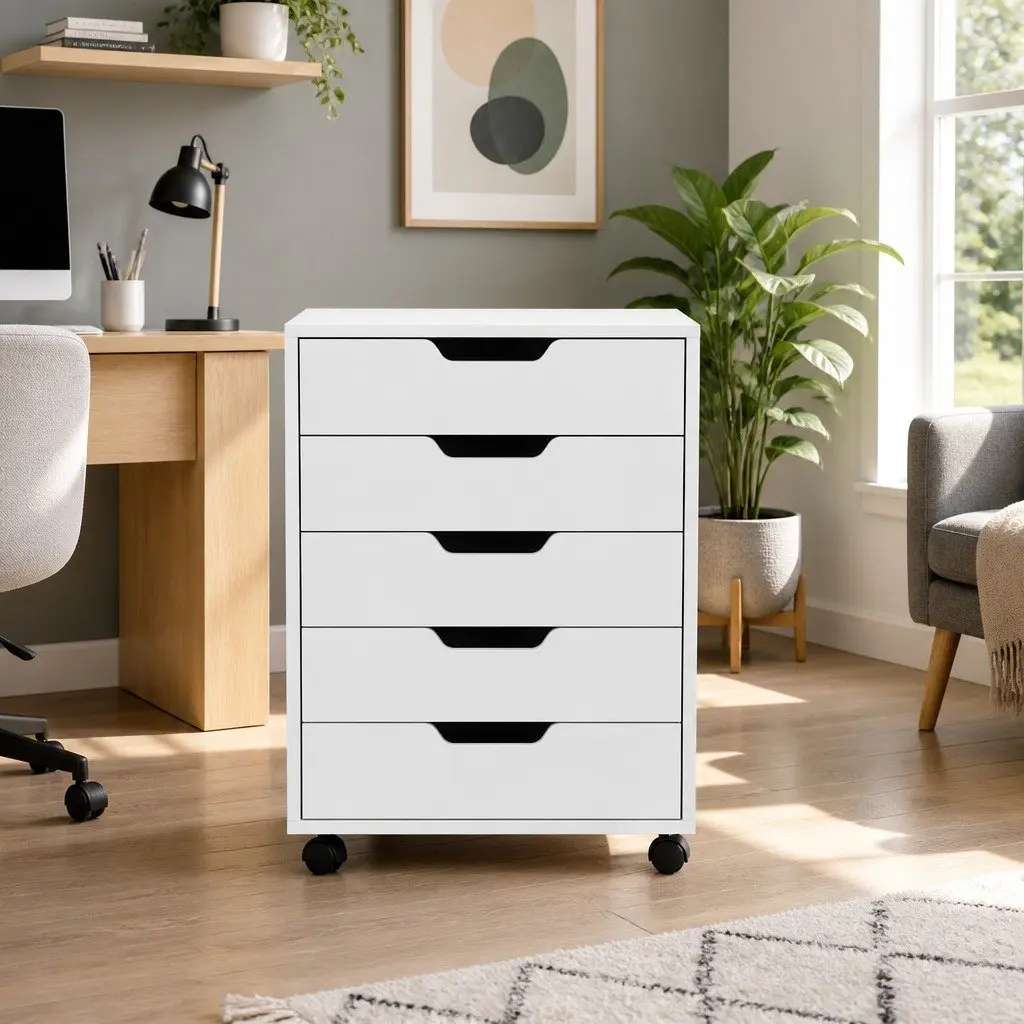 Mobile Filing Cabinet Rolling Storage Organizer 5 Drawer White