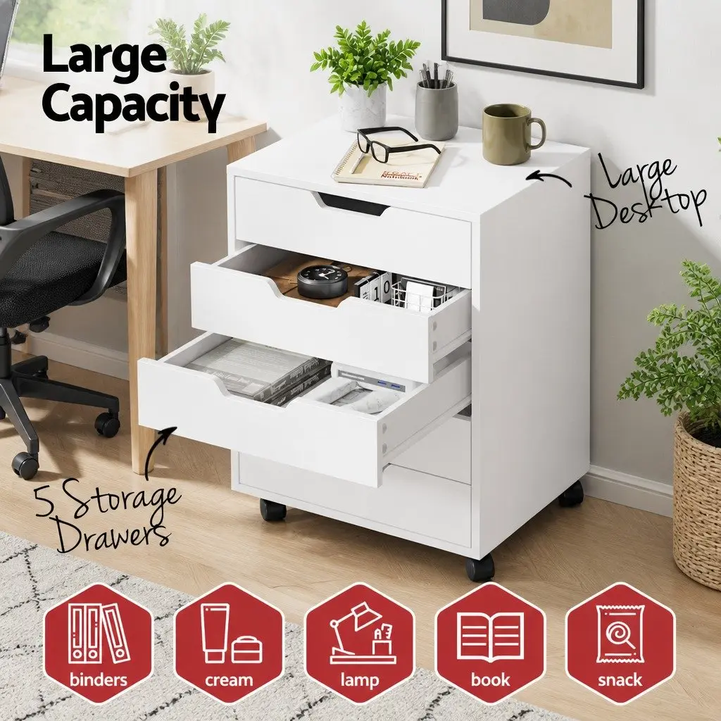 Mobile Filing Cabinet Rolling Storage Organizer 5 Drawer White