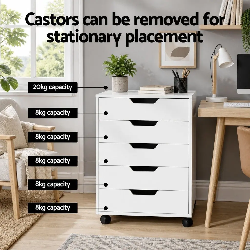 Mobile Filing Cabinet Rolling Storage Organizer 5 Drawer White