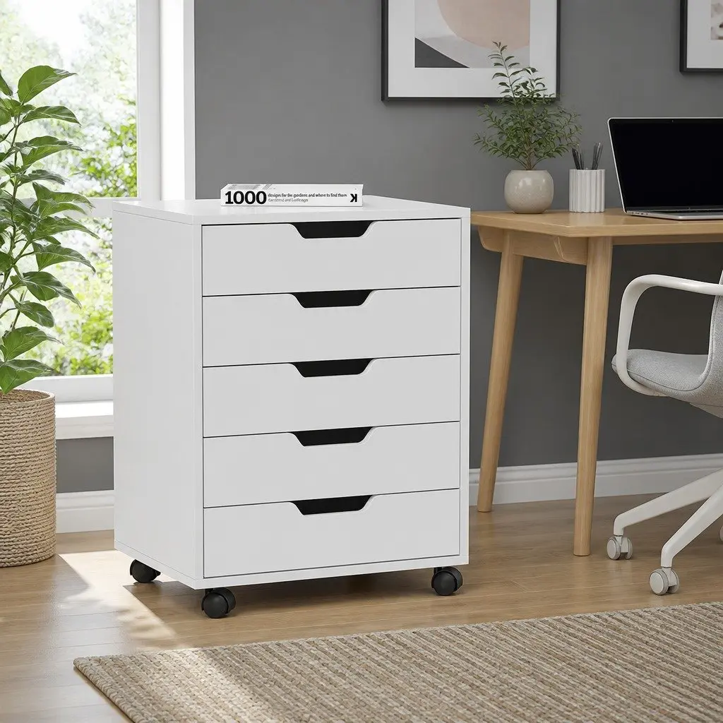 Mobile Filing Cabinet Rolling Storage Organizer 5 Drawer White
