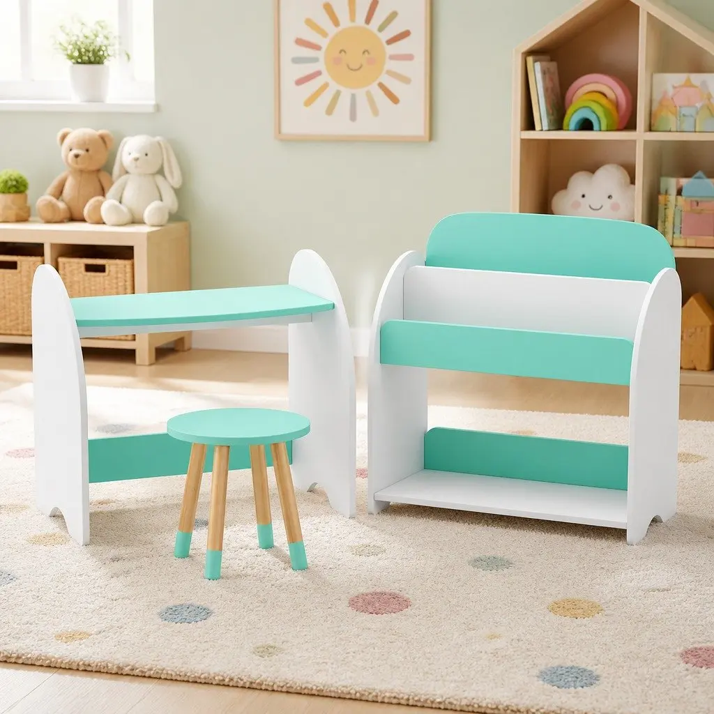 Kids Bookshelf with Reading Desk and Chair Set