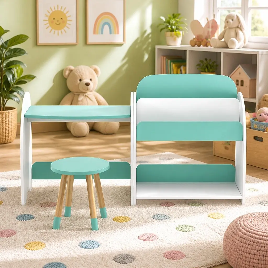Kids Bookshelf 2-in-1 Table Chair Set Storage Organiser Children Reading Desk