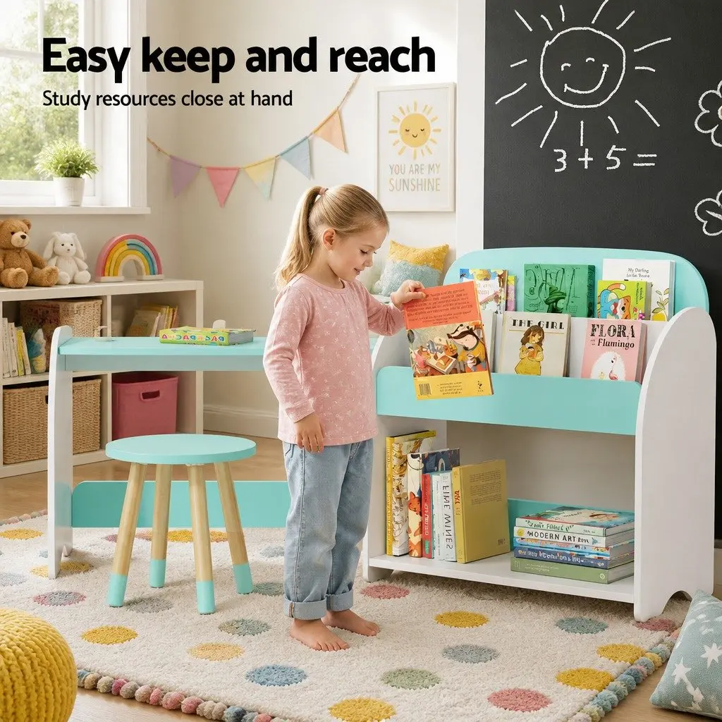 Kids Bookshelf 2-in-1 Table Chair Set Storage Organiser Children Reading Desk