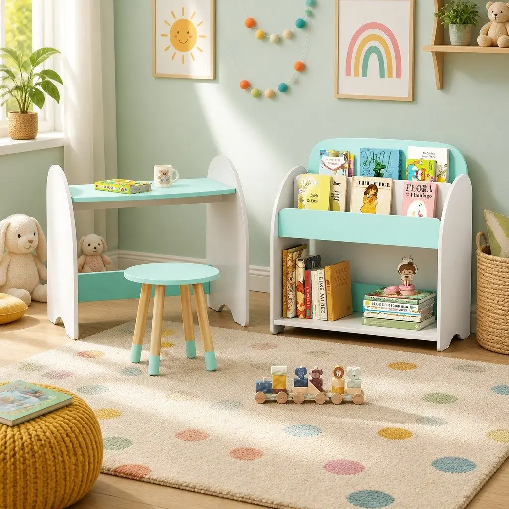 Kids Bookshelf 2-in-1 Table Chair Set Storage Organiser Children Reading Desk