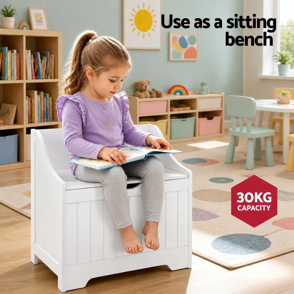 Kids Storage Box Chest Bench Toy Organiser White 56cm x 38cm x 58cm for Bedroom Living Room Playroom