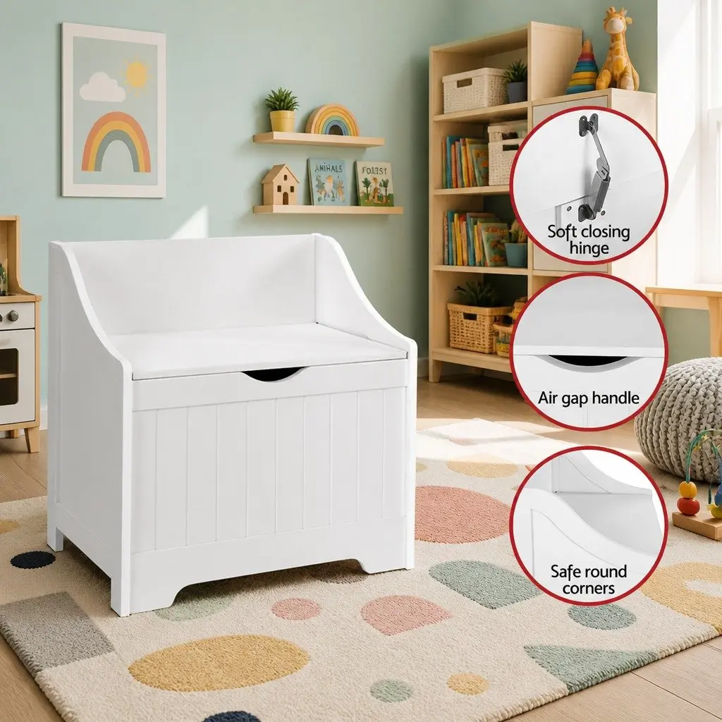 Kids Storage Box Chest Bench Toy Organiser White 56cm x 38cm x 58cm for Bedroom Living Room Playroom
