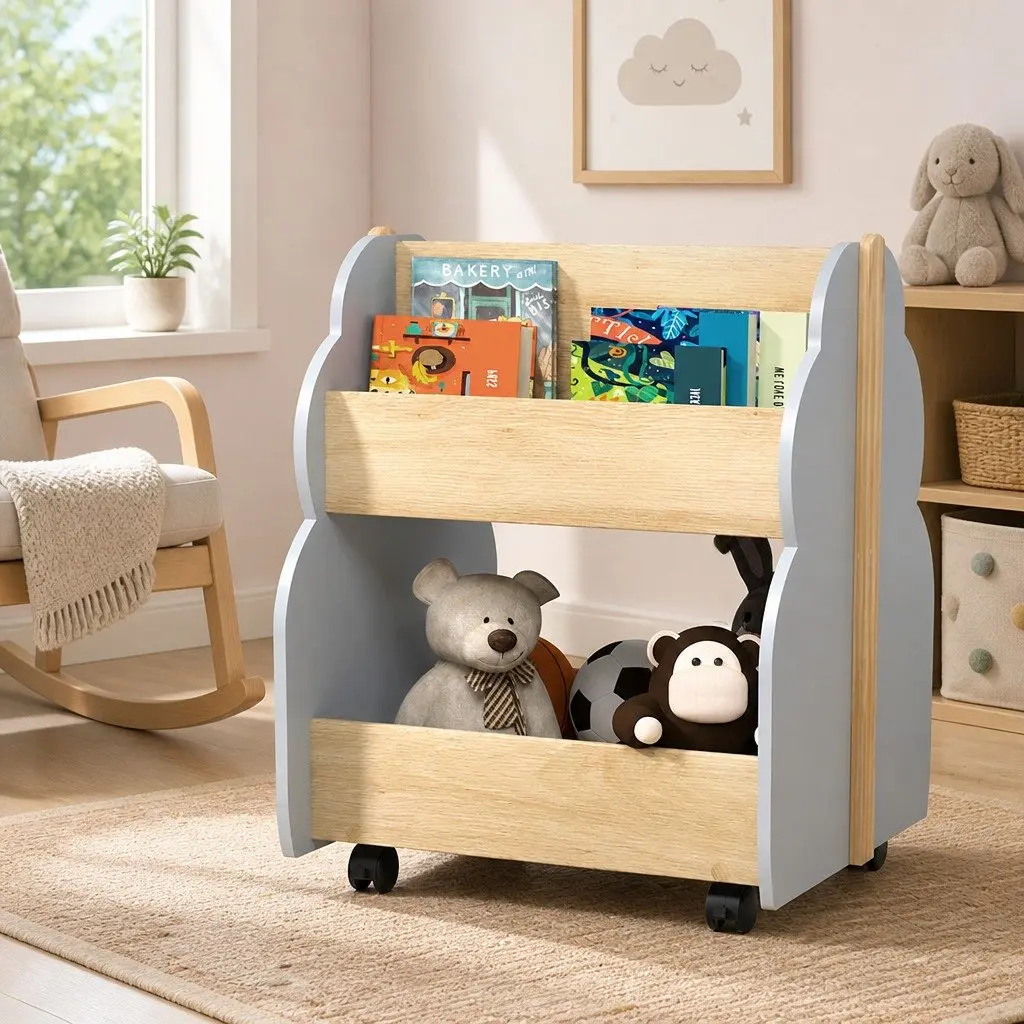 Kids Bookshelf Toy Box Storage Organiser Bookcase Display Shelf with Wheels Grey 52 x 46 x 59 cm