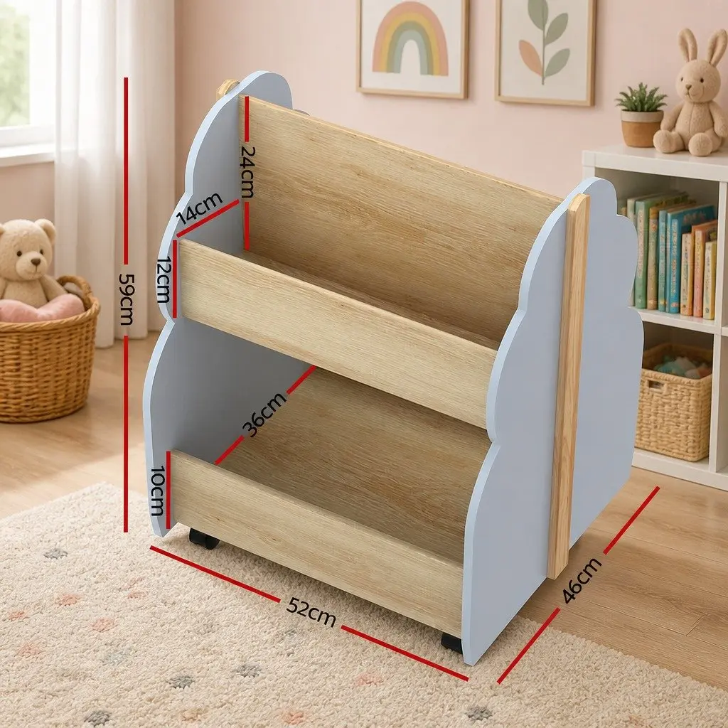 Kids Bookshelf Toy Box Storage Organiser Bookcase Display Shelf with Wheels Grey 52 x 46 x 59 cm