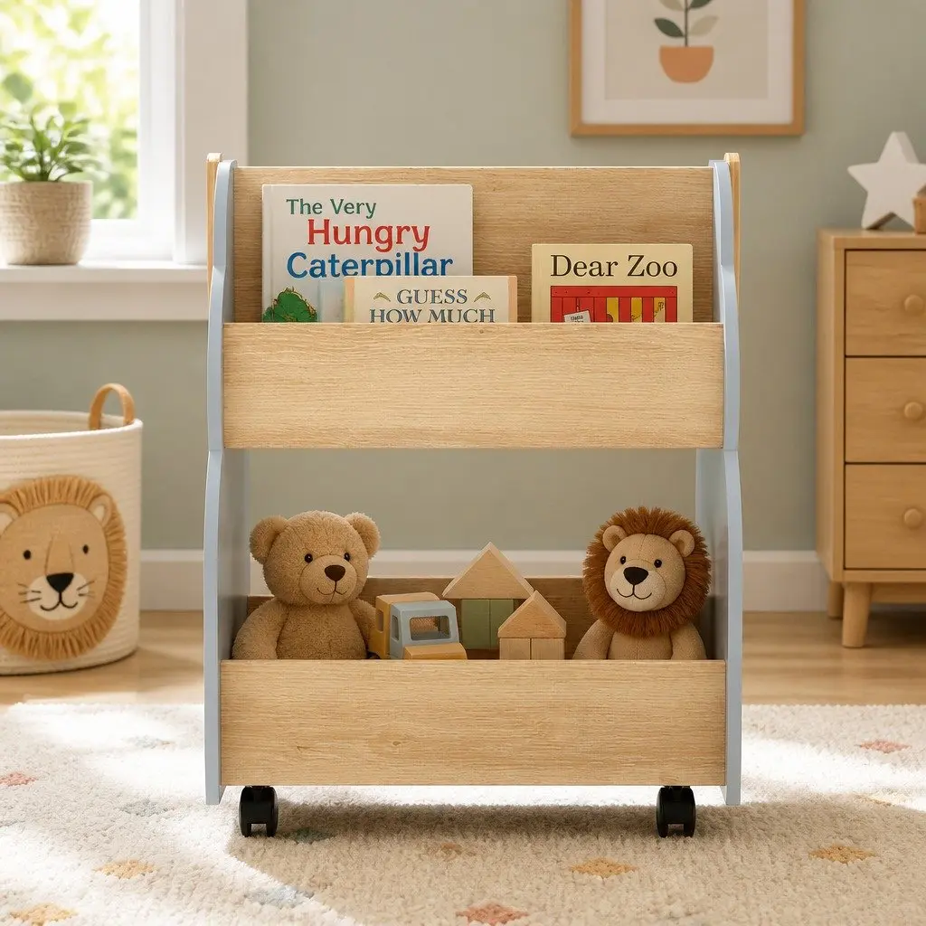 Kids Bookshelf Toy Box Storage Organiser Bookcase Display Shelf with Wheels Grey 52 x 46 x 59 cm