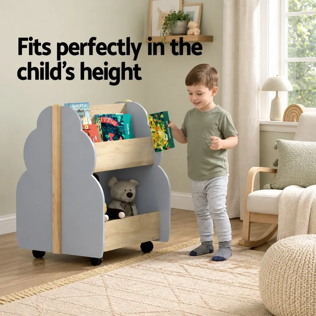 Kids Bookshelf Toy Box Storage Organiser Bookcase Display Shelf with Wheels Grey 52 x 46 x 59 cm