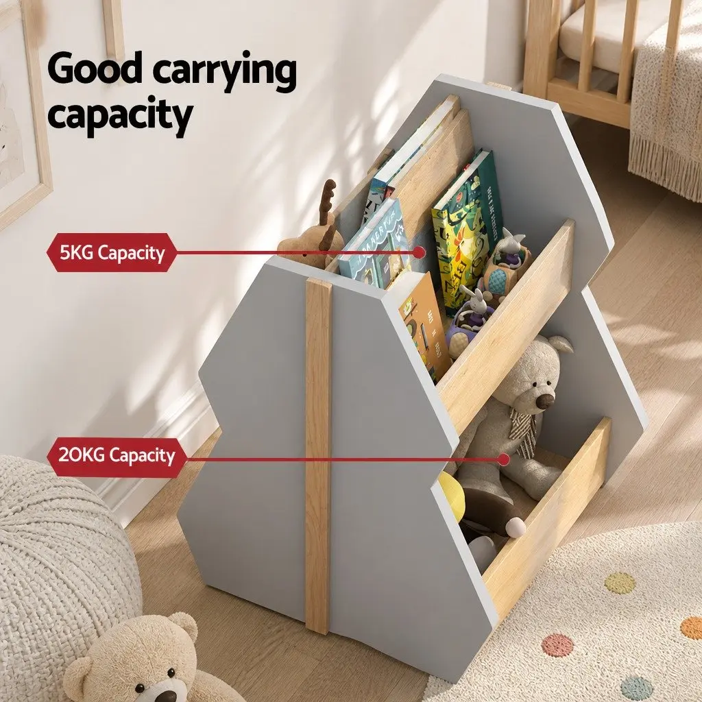 Kids Bookshelf Toy Box Storage Organiser Bookcase Display Shelf with Wheels Grey 52 x 46 x 59 cm