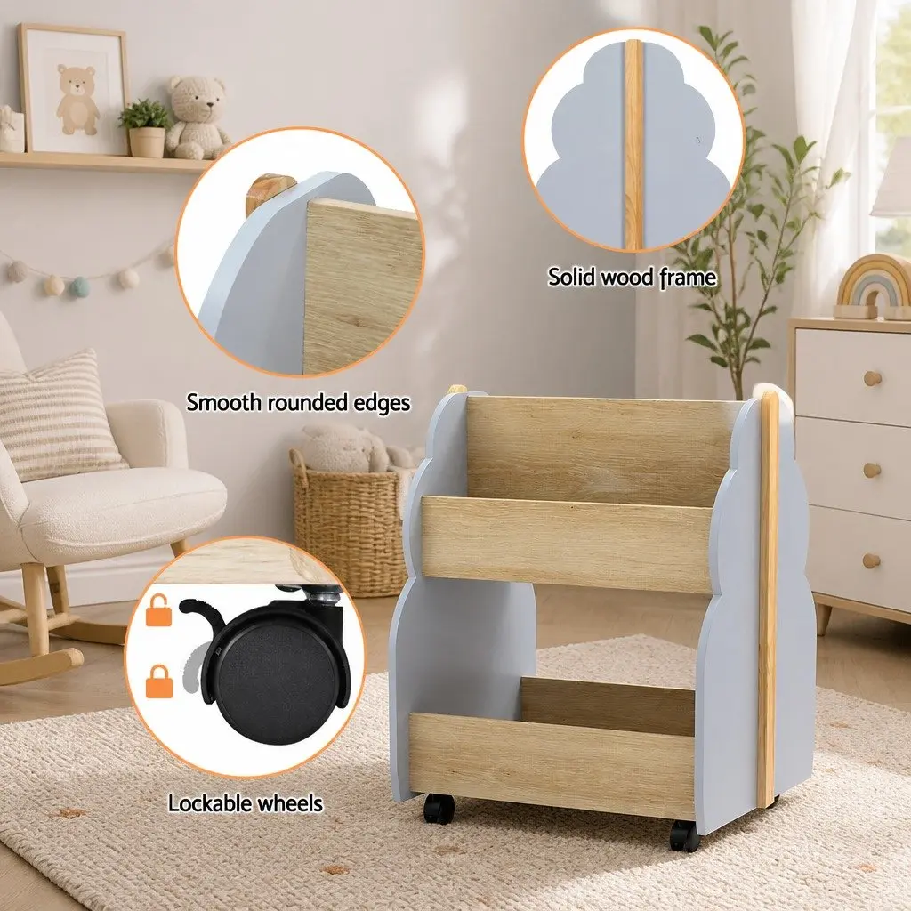 Kids Bookshelf Toy Box Storage Organiser Bookcase Display Shelf with Wheels Grey 52 x 46 x 59 cm