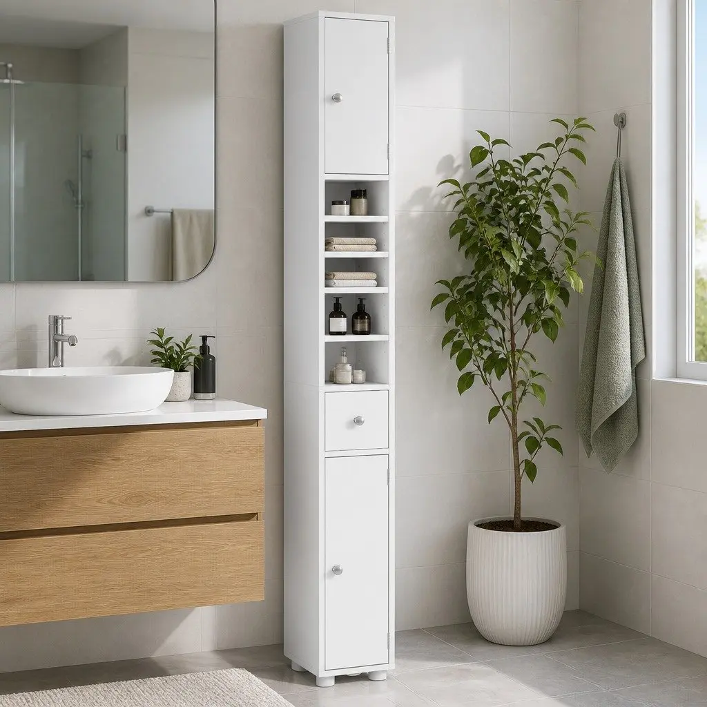 Bathroom Storage Cabinet 180cm Tall Slim Floor Cupboard Toilet Linen Tower White