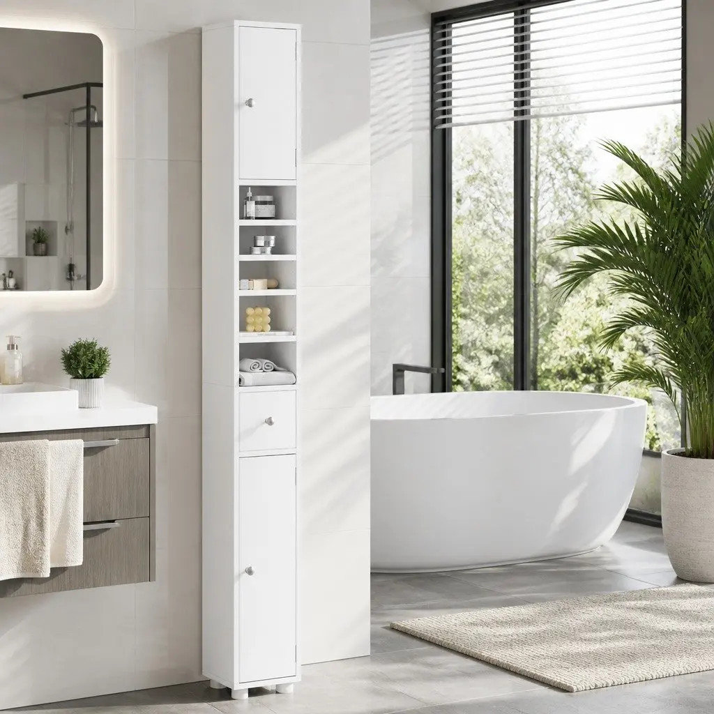 Slim Floor Bathroom Storage Cabinet White 180cm Tall with Two Cabinets Five Compartments and One Drawer
