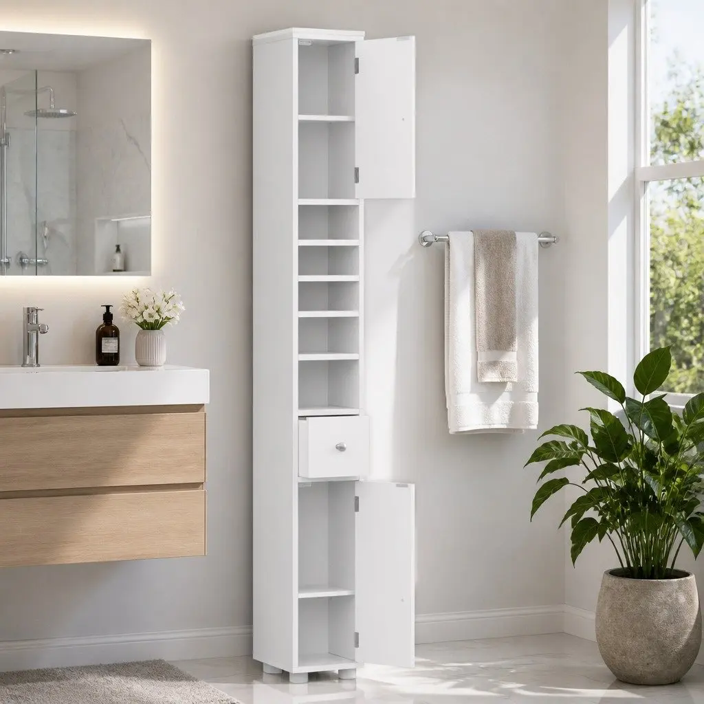 Slim Floor Bathroom Storage Cabinet White 180cm Tall with Two Cabinets Five Compartments and One Drawer