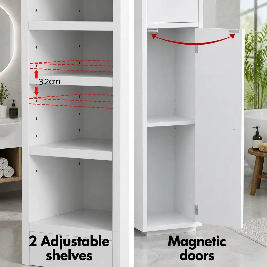 Slim Floor Bathroom Storage Cabinet White 180cm Tall with Two Cabinets Five Compartments and One Drawer