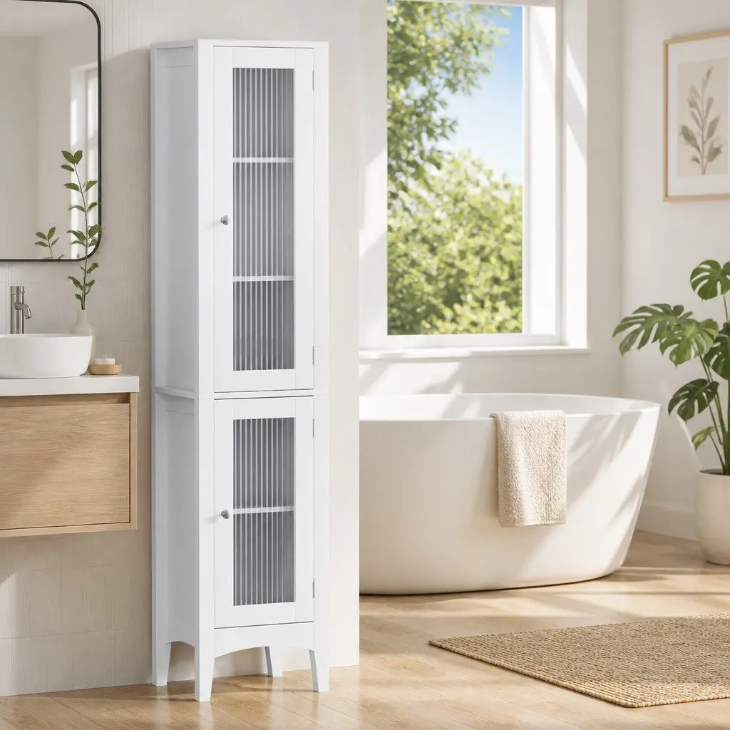 Slim Floor Cupboard Bathroom Cabinet 160cm Tall White MDF with Glass Doors