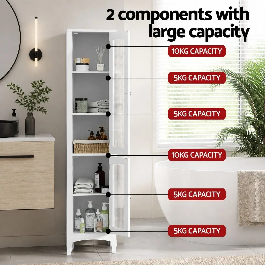 Bathroom Storage Cabinet 160cm Tall Slim Floor Cupboard with Glass Doors White