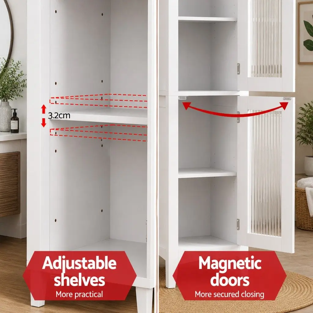 Bathroom Storage Cabinet 160cm Tall Slim Floor Cupboard with Glass Doors White
