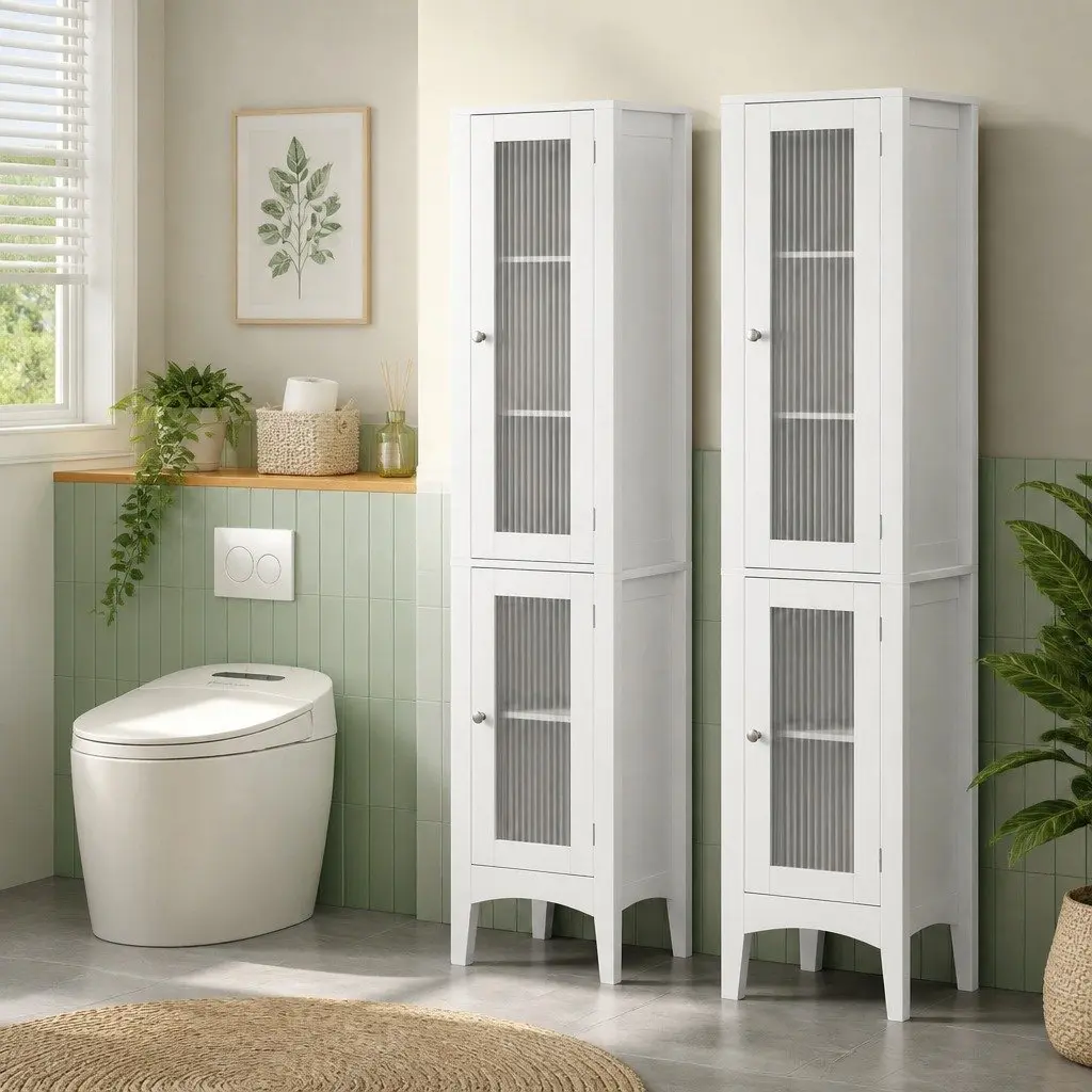 Bathroom Storage Cabinet 160cm Tall Slim Floor Cupboard with Glass Doors White