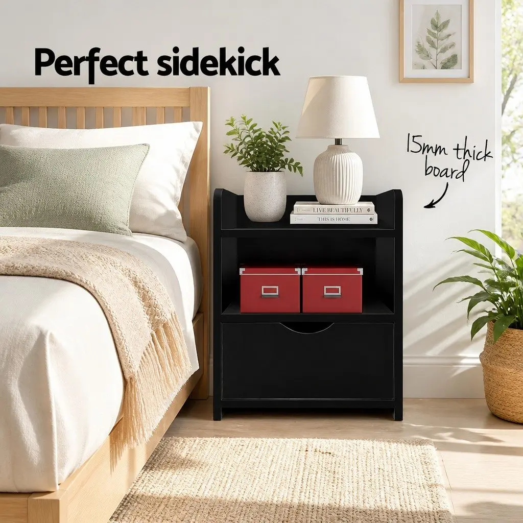 Black Bedside Table with One Drawer