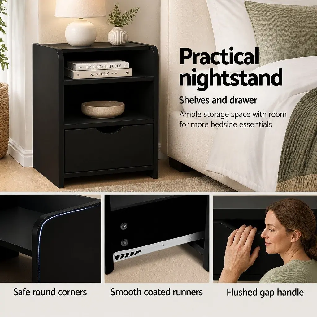 Black Bedside Table with One Drawer