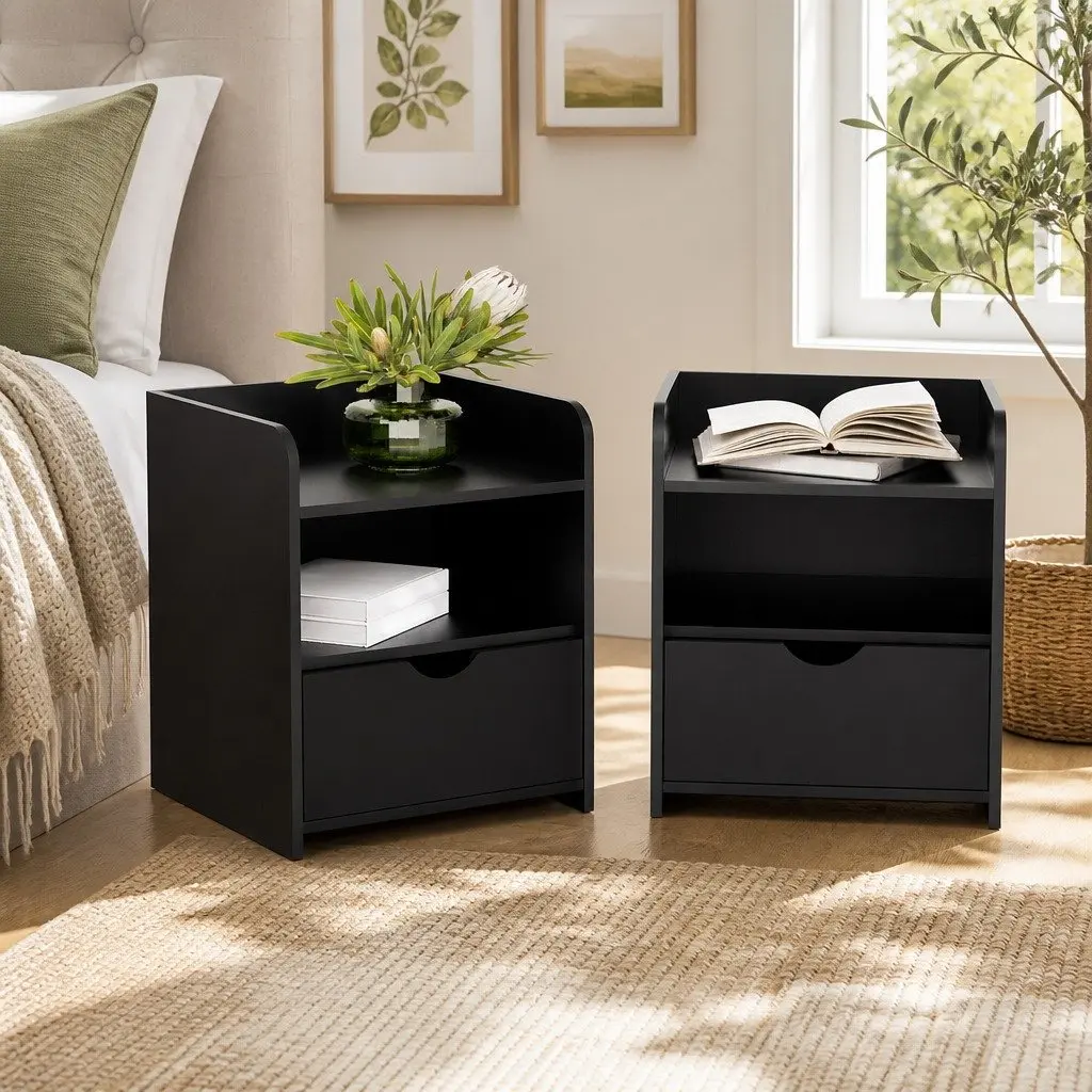 Black Bedside Table with One Drawer