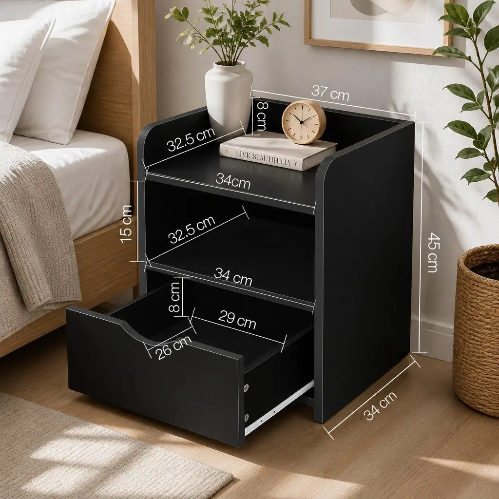 Bedside Table 1 Drawer with Shelf Black Bedroom Nightstand Storage Unit
