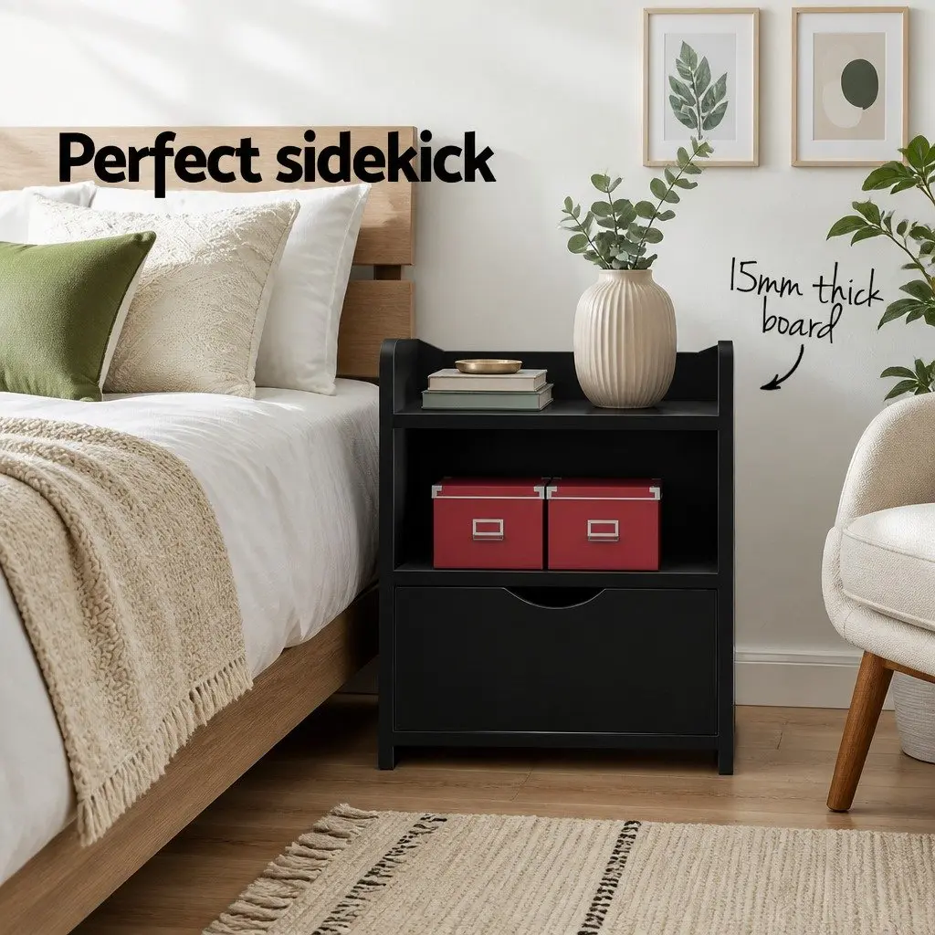 Bedside Table 1 Drawer with Shelf Black Bedroom Nightstand Storage Unit