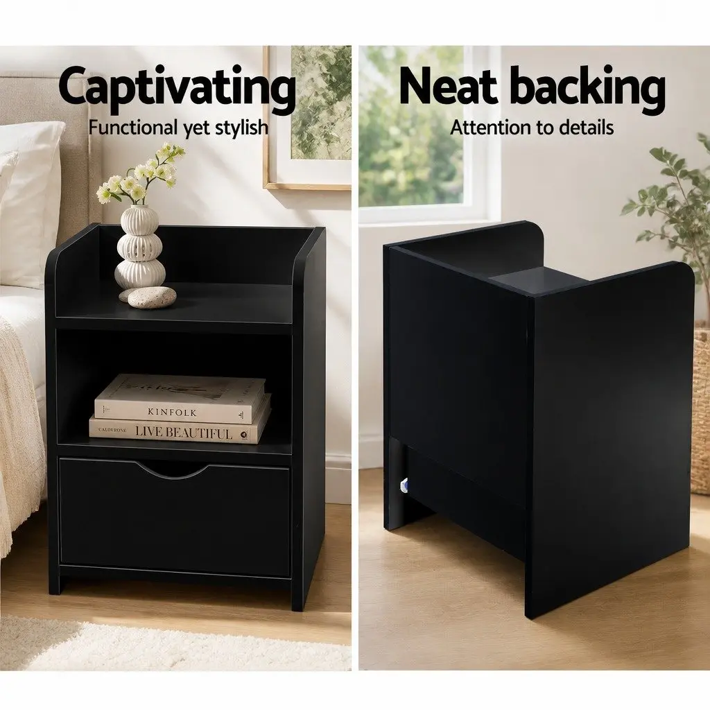Bedside Table 1 Drawer with Shelf Black Bedroom Nightstand Storage Unit