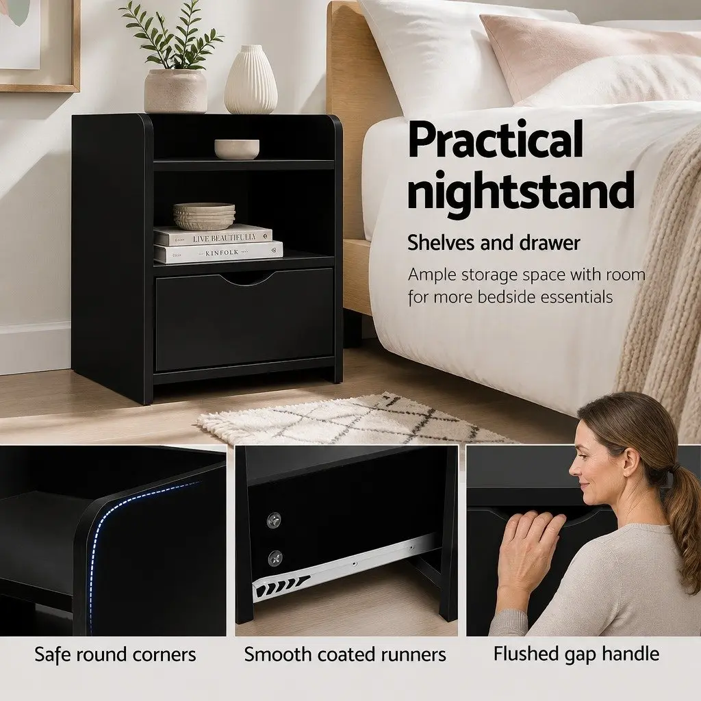 Bedside Table 1 Drawer with Shelf Black Bedroom Nightstand Storage Unit