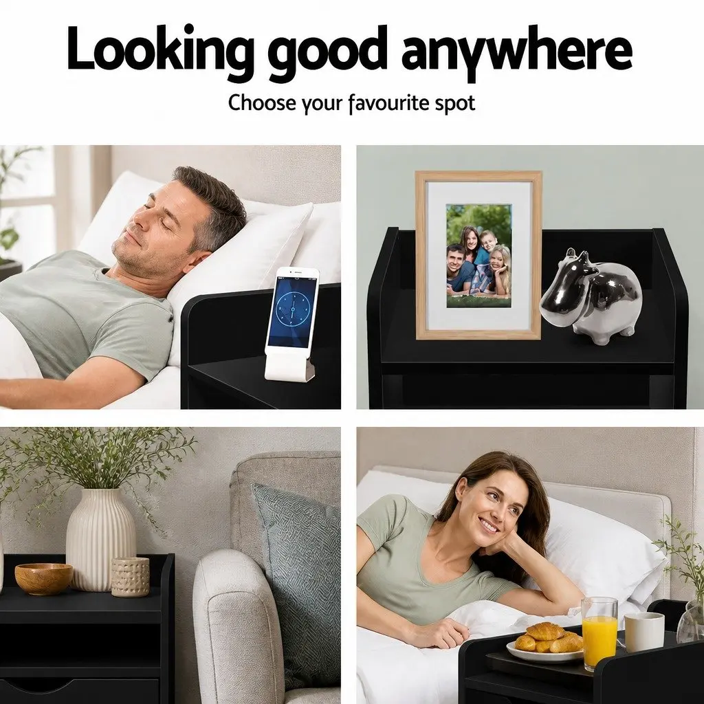 Bedside Table 1 Drawer with Shelf Black Bedroom Nightstand Storage Unit