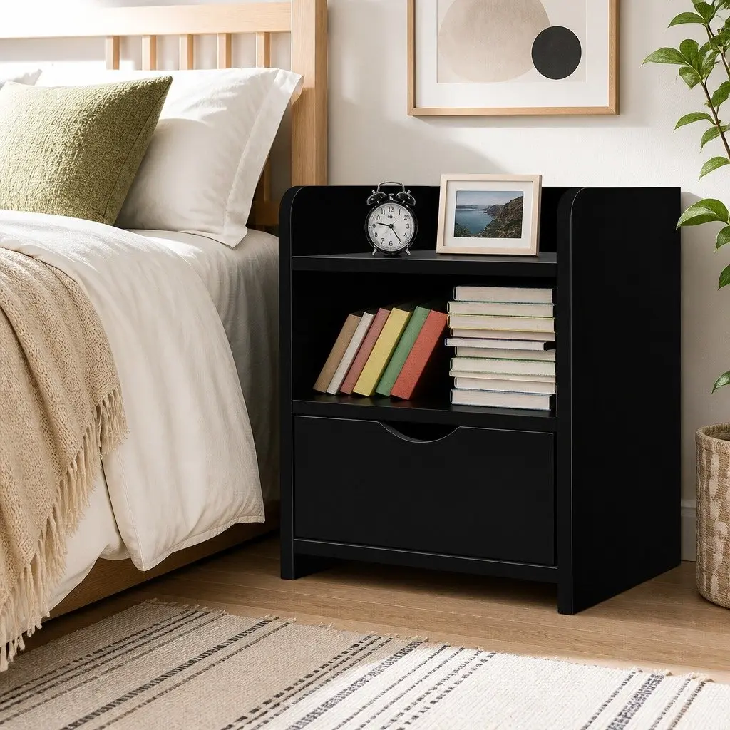 Bedside Table 1 Drawer with Shelf Black Bedroom Nightstand Storage Unit
