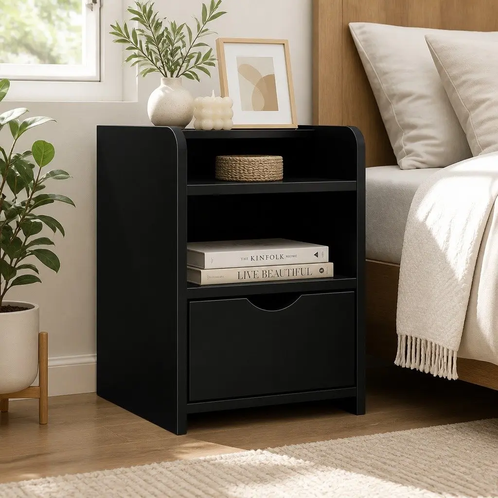 Bedside Table 1 Drawer with Shelf Black Bedroom Nightstand Storage Unit
