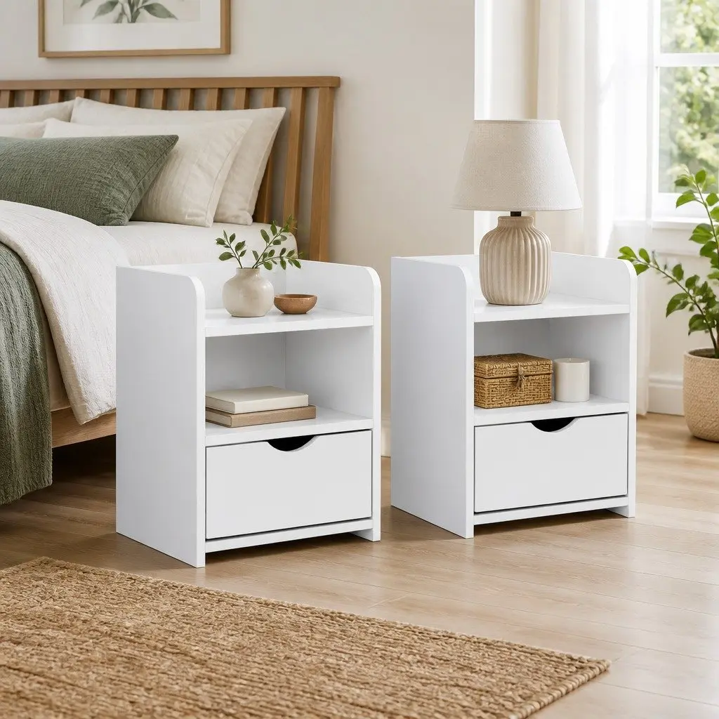Bedside Table White Bedroom 37 x 34 x 45cm with 1 Drawer and Shelf