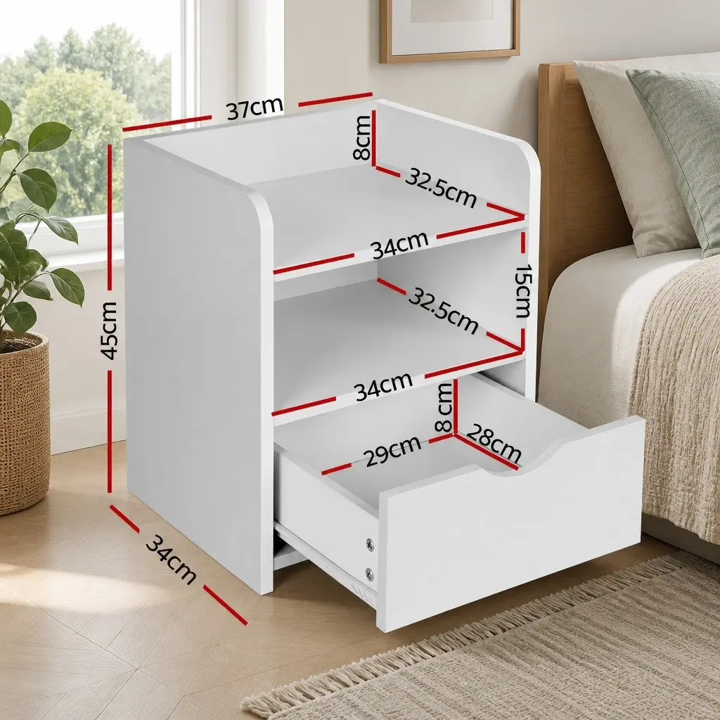 Bedside Table White Bedroom 37 x 34 x 45cm with 1 Drawer and Shelf
