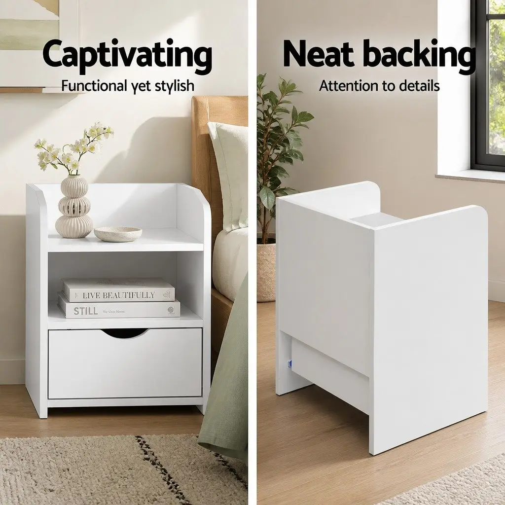 Bedside Table White Bedroom 37 x 34 x 45cm with 1 Drawer and Shelf