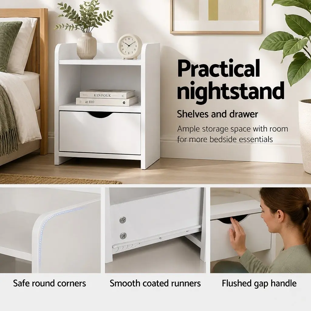 Bedside Table White Bedroom 37 x 34 x 45cm with 1 Drawer and Shelf