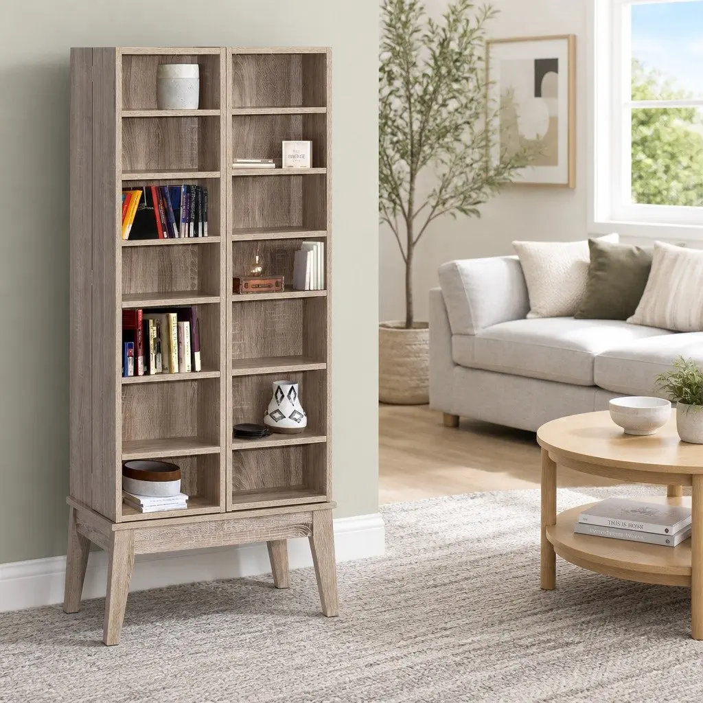 Oak Bookshelf Media Storage Rack Living Room 14 Shelves Adjustable Display Cabinet