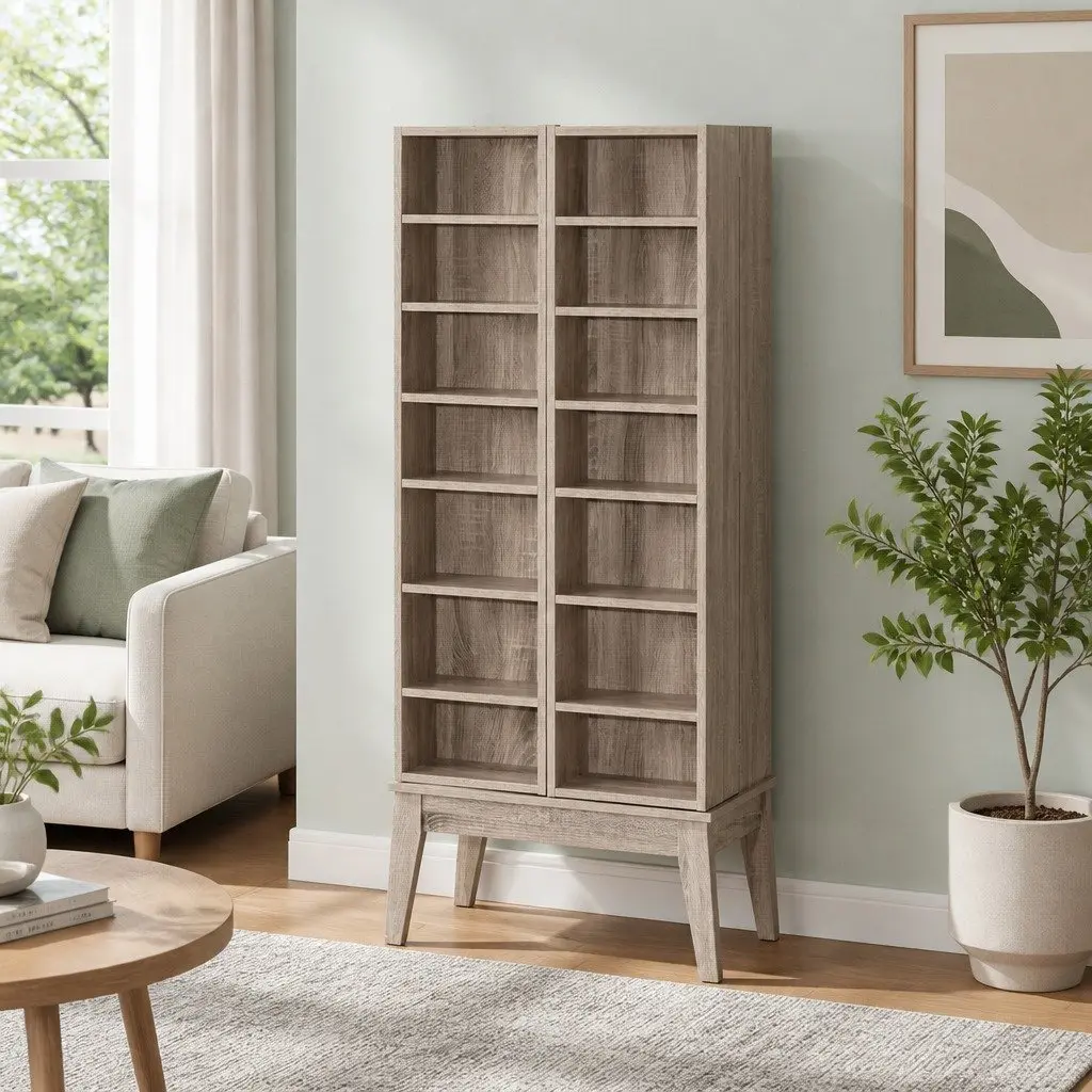 Oak Bookshelf Media Storage Rack Living Room 14 Shelves Adjustable Display Cabinet