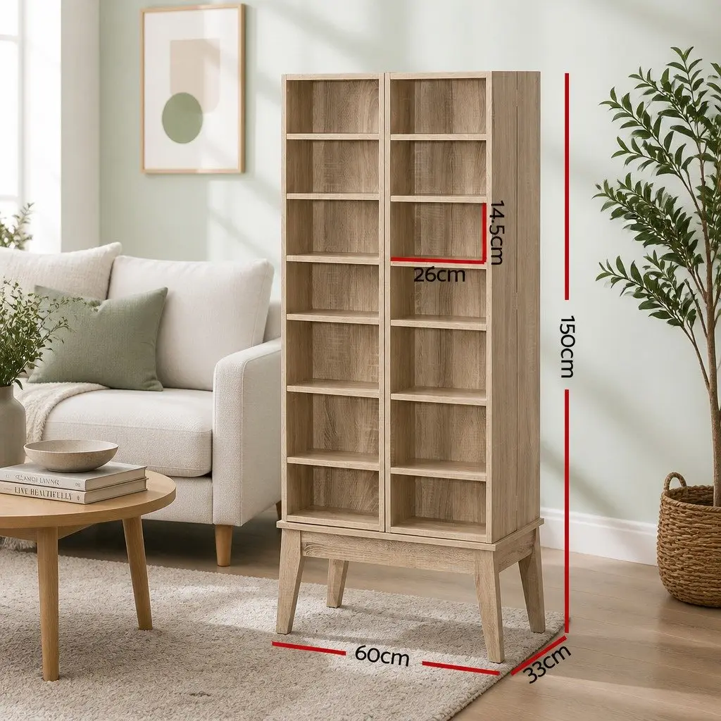 Oak Bookshelf Media Storage Rack Living Room 14 Shelves Adjustable Display Cabinet