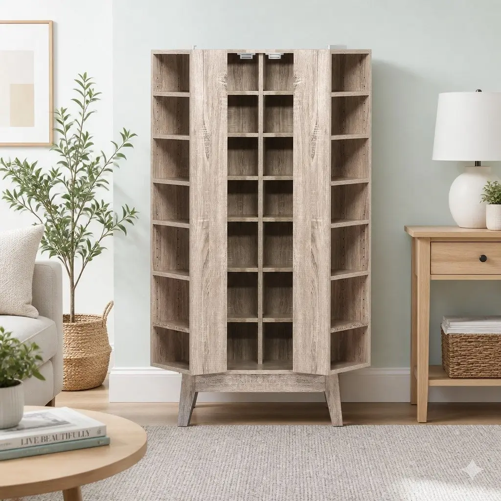 Oak Bookshelf Media Storage Rack Living Room 14 Shelves Adjustable Display Cabinet
