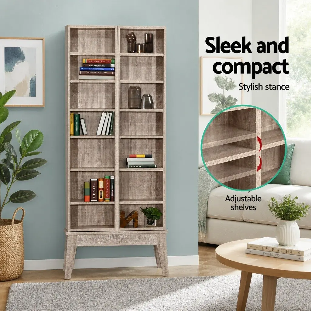 Oak Bookshelf Media Storage Rack Living Room 14 Shelves Adjustable Display Cabinet